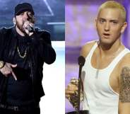 Eminem rapping at the 2018 Oscars in all black. and a young Eminem with bleach blonde hair in a white vest