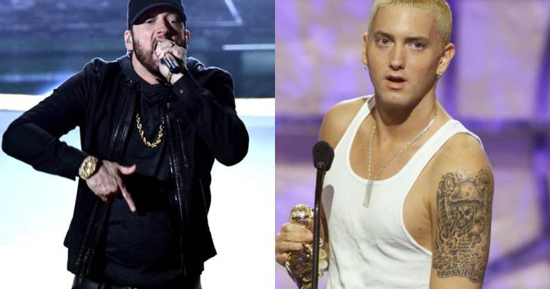 Eminem rapping at the 2018 Oscars in all black. and a young Eminem with bleach blonde hair in a white vest