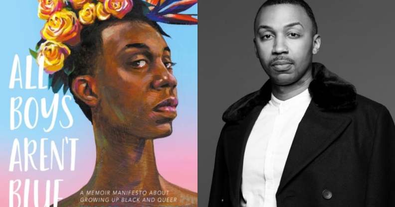 Cover of All Boys Aren't Blue - a painting of a young George in a flower crown - and a black and white photo of the author as an adult