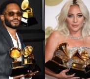 Separate photos of Kaytranada and Lady Gaga, both holding armfuls of Grammys