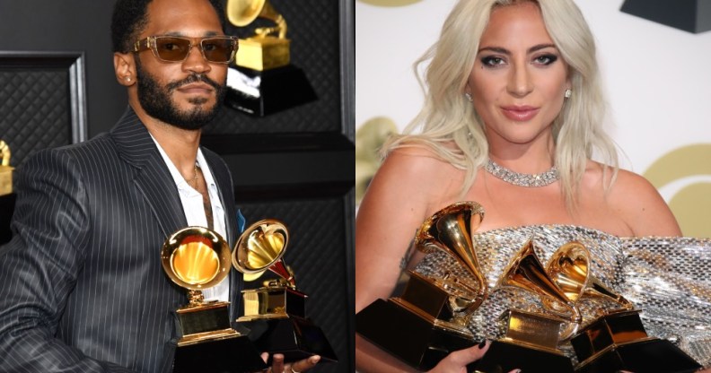 Separate photos of Kaytranada and Lady Gaga, both holding armfuls of Grammys