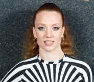 Jess Glynne wearing a black and white dress