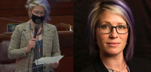On the left: Sarah Peters, wearing a face mask, delivery a speech in the Assembly. On the right: A headshot of Sarah Peters