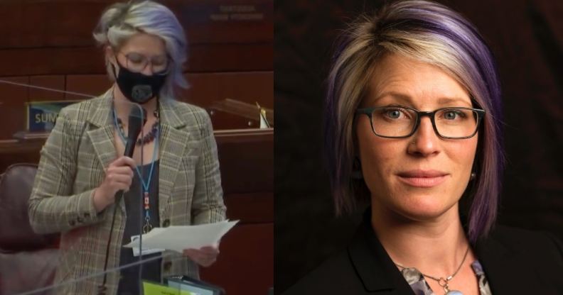 On the left: Sarah Peters, wearing a face mask, delivery a speech in the Assembly. On the right: A headshot of Sarah Peters