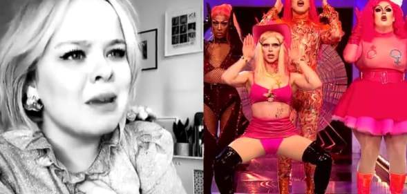 Nicola Coughlan in black and white with a serious face, 4 Drag Race queens performing