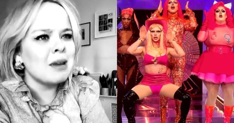 Nicola Coughlan in black and white with a serious face, 4 Drag Race queens performing