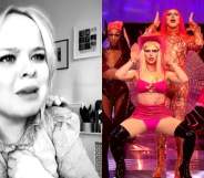 Nicola Coughlan in black and white with a serious face, 4 Drag Race queens performing