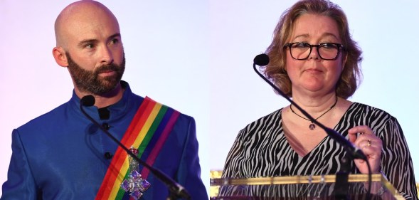 Side-by-side headshots of Alison Camps and Michael Salter-Church speaking behind a podium