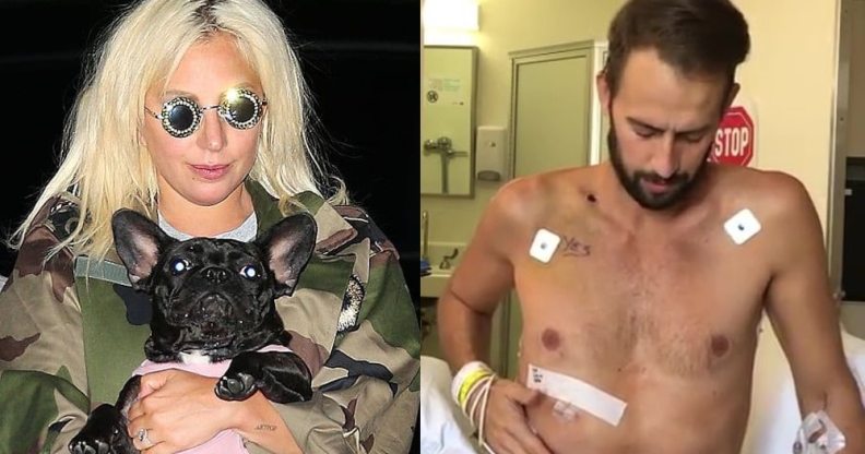 On the left: Lady Gaga in a camouflage jacket holding a French bulldog. On the right: Ryan Fischer, shirtless, sits upright on a hospital bed
