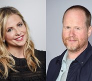 Headshots of Sarah Michelle Gellar and Joss Whedon, smiling
