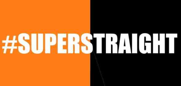 A flag with the word "#SuperStraight" in white text against a half orange and half black background