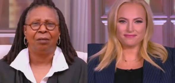 On the left: Whoopi Goldberg in a white shirt and black blazer with a befuddled expression. On the right: Meghan McCain smiles into the camera.