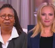 On the left: Whoopi Goldberg in a white shirt and black blazer with a befuddled expression. On the right: Meghan McCain smiles into the camera.