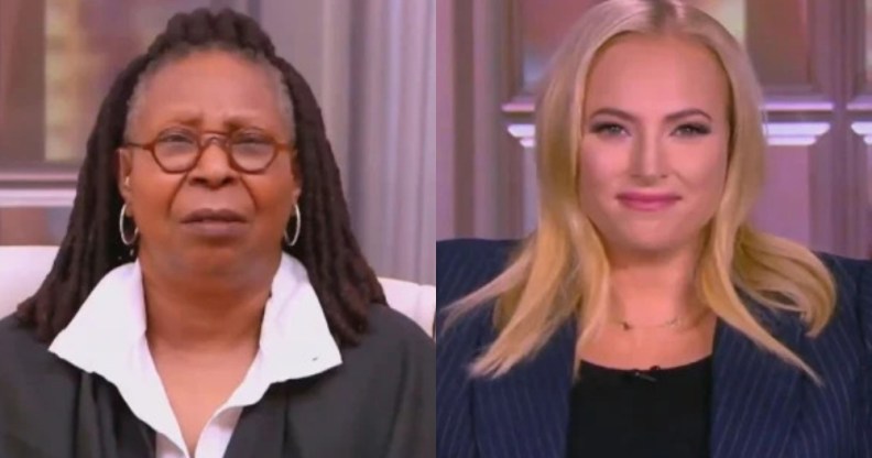 On the left: Whoopi Goldberg in a white shirt and black blazer with a befuddled expression. On the right: Meghan McCain smiles into the camera.