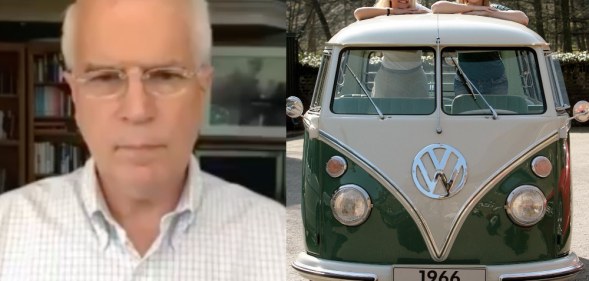 On the left: Frank Wright speaks to the camera in a white shirt. On the right: Two women look out of a Volkswagen Samba bus
