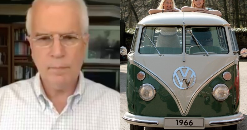 On the left: Frank Wright speaks to the camera in a white shirt. On the right: Two women look out of a Volkswagen Samba bus