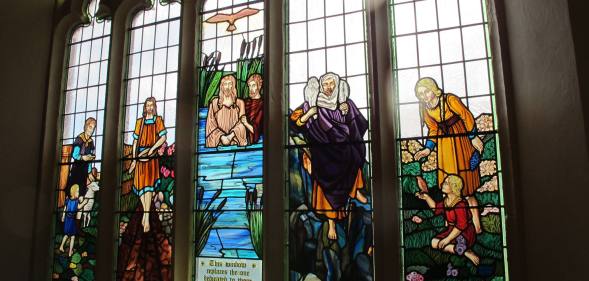 Stained glass windows at Mills Hill Baptist Church