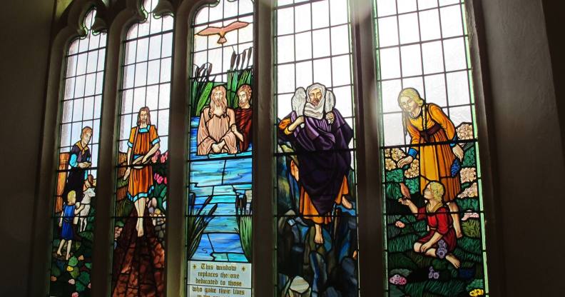 Stained glass windows at Mills Hill Baptist Church