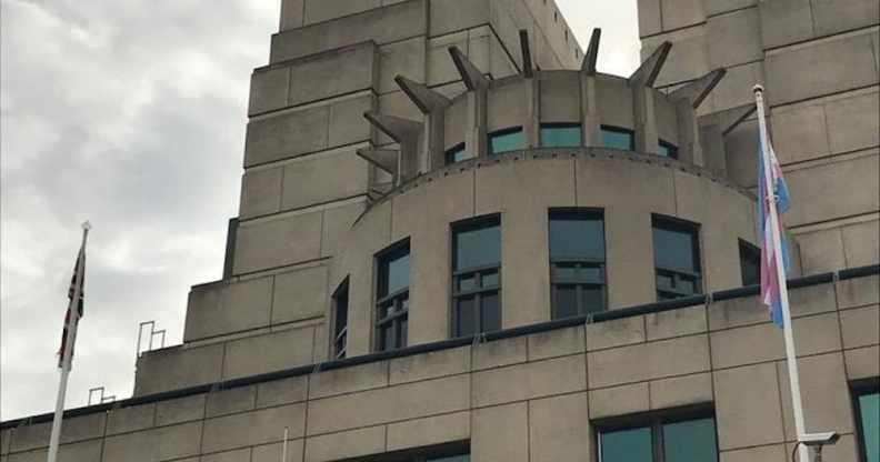The trans Pride flag flying at the Vauxhall Cross MI6 headquarters
