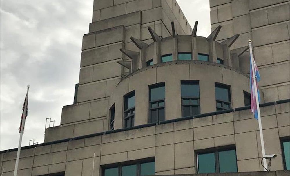 The trans Pride flag flying at the Vauxhall Cross MI6 headquarters