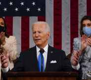 President Joe Biden addresses a joint session of Congress, with vice president Kamala Harris (L) and House speaker Nancy Pelosi (R) on the dais