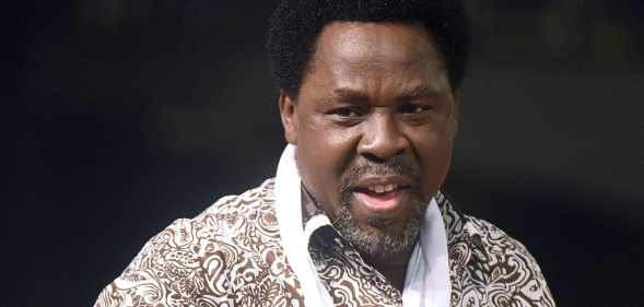 Nigerian pastor TB Joshua speaking at a New Year's memorial service