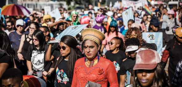 Members of the LGBT+ community march in the Pride parade in Durban, South Africa, in 2018