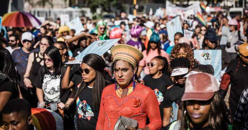 Members of the LGBT+ community march in the Pride parade in Durban, South Africa, in 2018