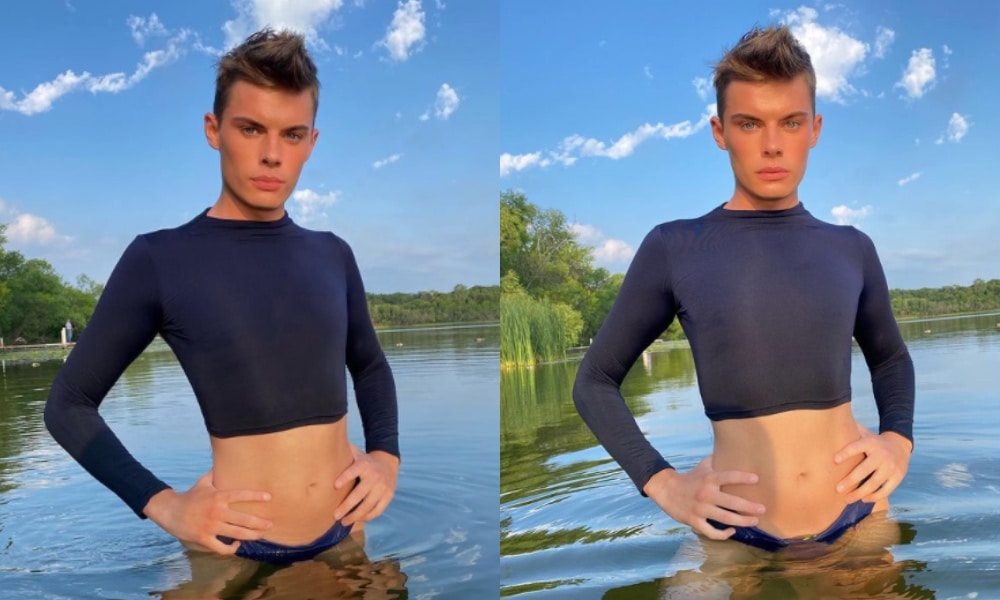 In a side-by-side, Lewis Freese posts in a cropped top in the middle of a lake, their stomach visible