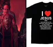 On the left: Lil Nas X gives Satan a lap dance. On the right: A black t-shirt which reads, 'I Love Jesus And That One Part In The 'Montero' Music Video By Lil Nas X When He Gets Nasty With The Devil Because It Was A Cool Form Of Self-Expression And Art'