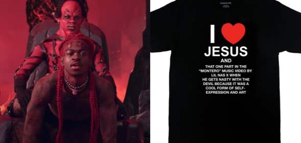 On the left: Lil Nas X gives Satan a lap dance. On the right: A black t-shirt which reads, 'I Love Jesus And That One Part In The 'Montero' Music Video By Lil Nas X When He Gets Nasty With The Devil Because It Was A Cool Form Of Self-Expression And Art'