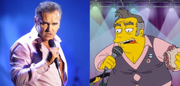 On the left: Morrissey in a pink shirt sings into the microphone. On the right: A character on The Simpsons in a pink shirt, holding a microphone and a hamburger while on stage