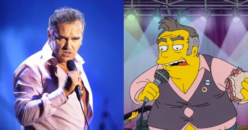 On the left: Morrissey in a pink shirt sings into the microphone. On the right: A character on The Simpsons in a pink shirt, holding a microphone and a hamburger while on stage