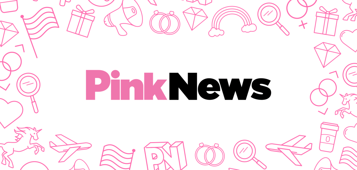 PinkNews logo surrounded by illustrated images including a rainbow, unicorn, PN sign and pride flag.