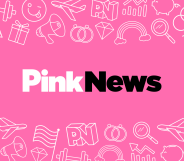 PinkNews logo on a pink background surrounded by illustrated line drawings of a rainbow, pride flag, unicorn and more.