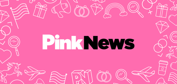 PinkNews logo on a pink background surrounded by illustrated line drawings of a rainbow, pride flag, unicorn and more.