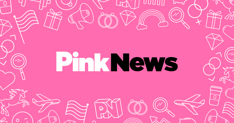 PinkNews logo on a pink background surrounded by illustrated line drawings of a rainbow, pride flag, unicorn and more.