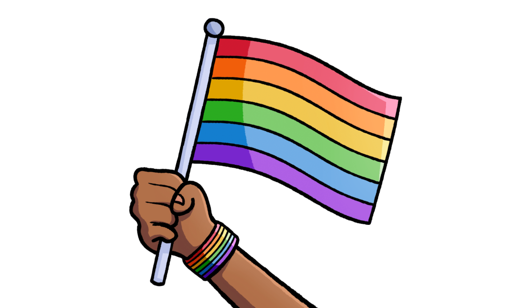 Illustrated rainbow pride flag on a white background.
