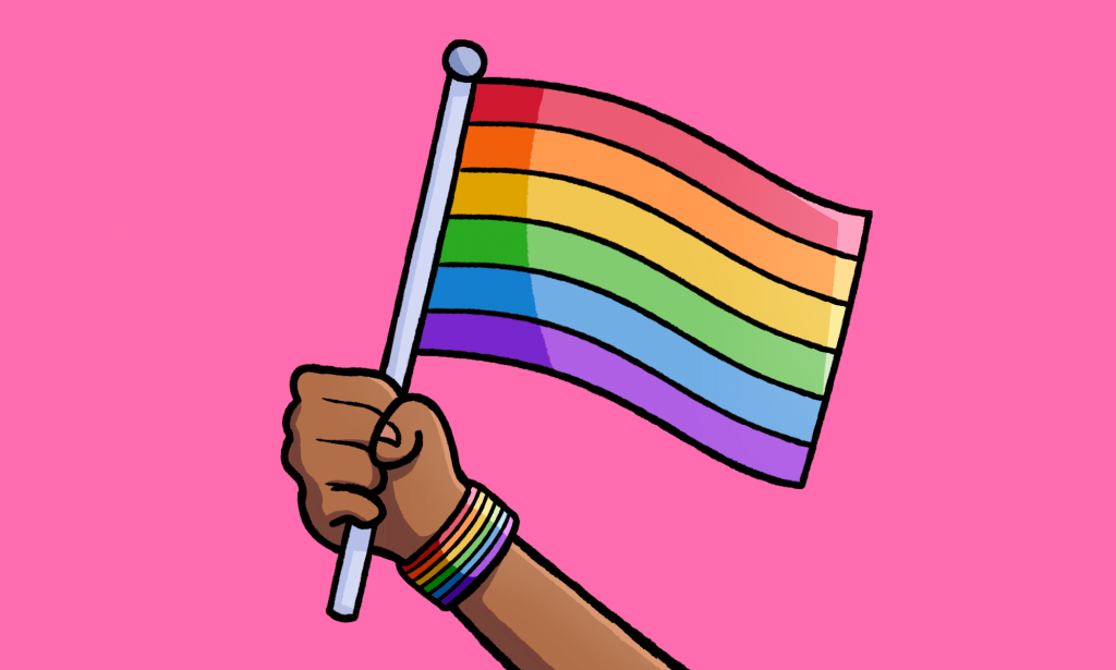 Illustrated rainbow pride flag on a pink background.