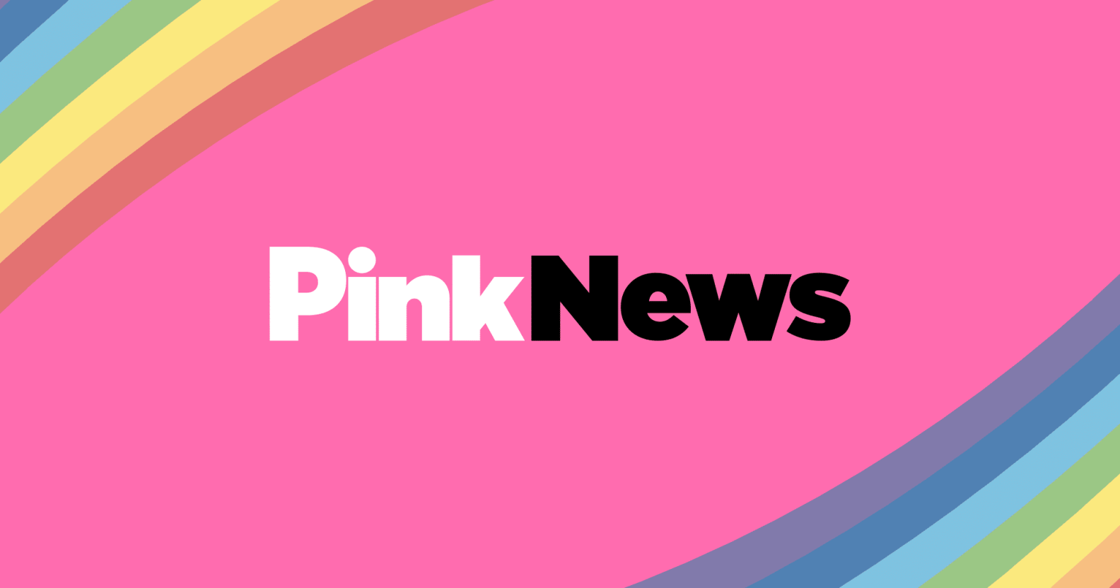 PinkNews logo on pink background with rainbow corners.