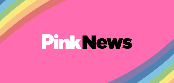 PinkNews logo on pink background with rainbow corners.