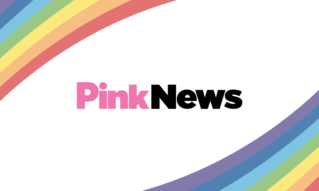 PinkNews logo with white background and rainbow corners