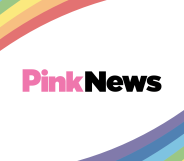 PinkNews logo with white background and rainbow corners