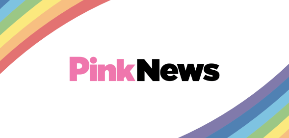 PinkNews logo with white background and rainbow corners