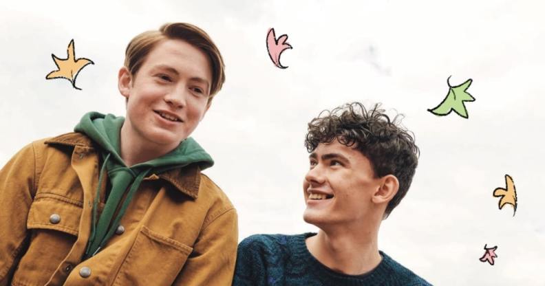 A screenshot from Netflix's Heartstopper featuring actors Kit Connor and Joe Locke who play Nick Nelson and Charlie Spring