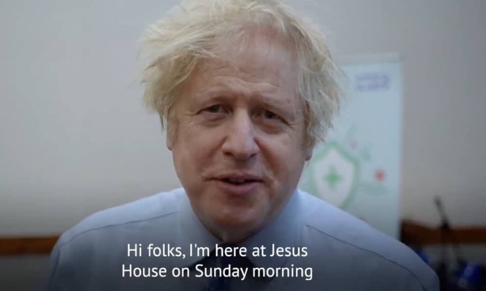 Boris Johnson speaks to the camera with the caption: 'Hi, folks. I'm here at Jesus House on a Sunday morning.'