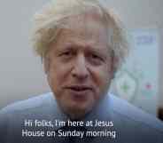 Boris Johnson speaks to the camera with the caption: 'Hi, folks. I'm here at Jesus House on a Sunday morning.'