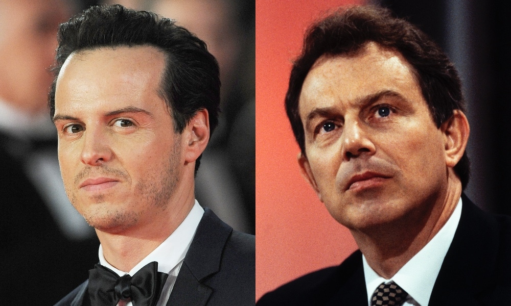 On the left: Headshot of Andrew Scott in a tuxedo. On the right: Headshot of Tony Blair in a suit.