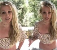 Side-by-side of Britney Spears speaking to the camera in a crop top
