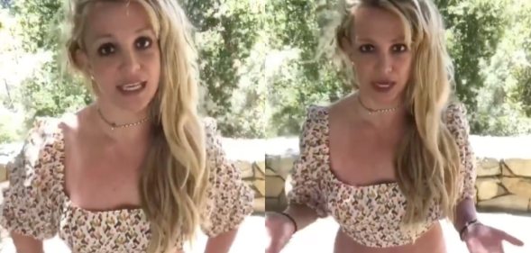 Side-by-side of Britney Spears speaking to the camera in a crop top